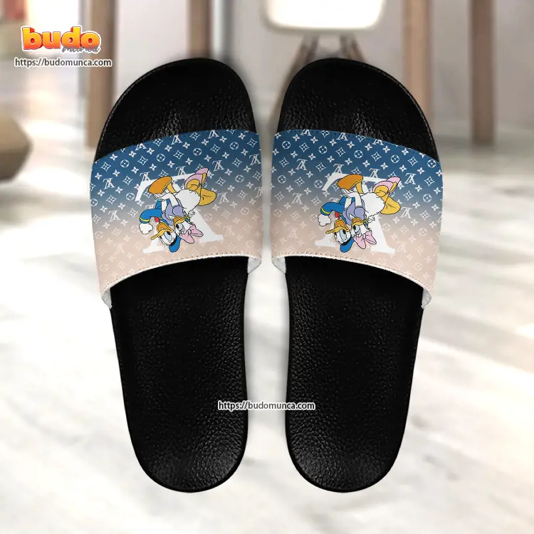 Slide sandals donald duck couple disney and louis vuitton gift unique slide sandals for man woman and kid